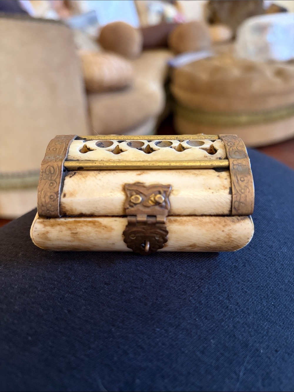 Antique-Style Small Decorative Trinket Box in camel bone and brass
